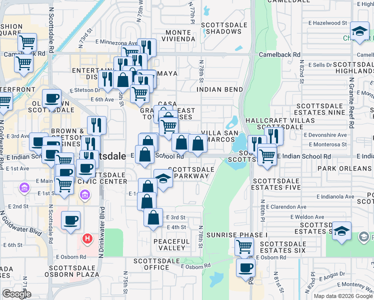 map of restaurants, bars, coffee shops, grocery stores, and more near 7700 East Indian School Road in Scottsdale