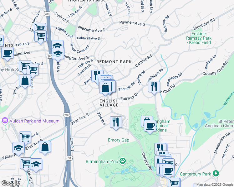 map of restaurants, bars, coffee shops, grocery stores, and more near 2850 Fairway Drive in Mountain Brook