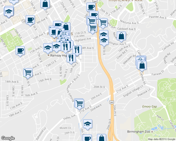 map of restaurants, bars, coffee shops, grocery stores, and more near 1734 Woodcrest Road South in Birmingham