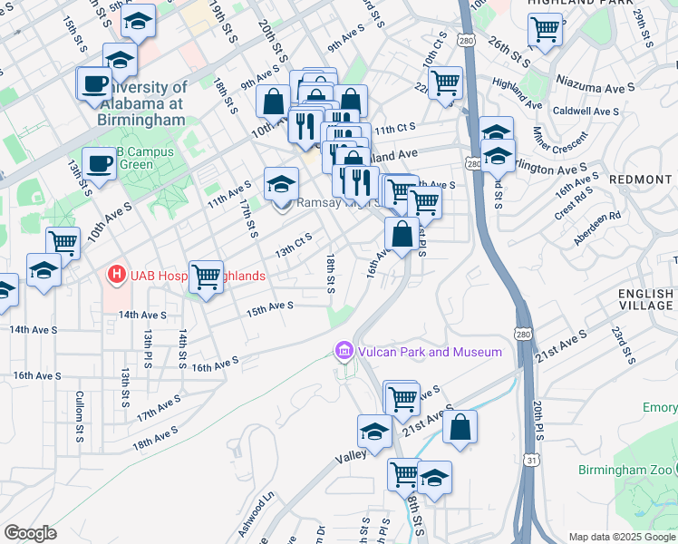 map of restaurants, bars, coffee shops, grocery stores, and more near 1431 18th Street South in Birmingham