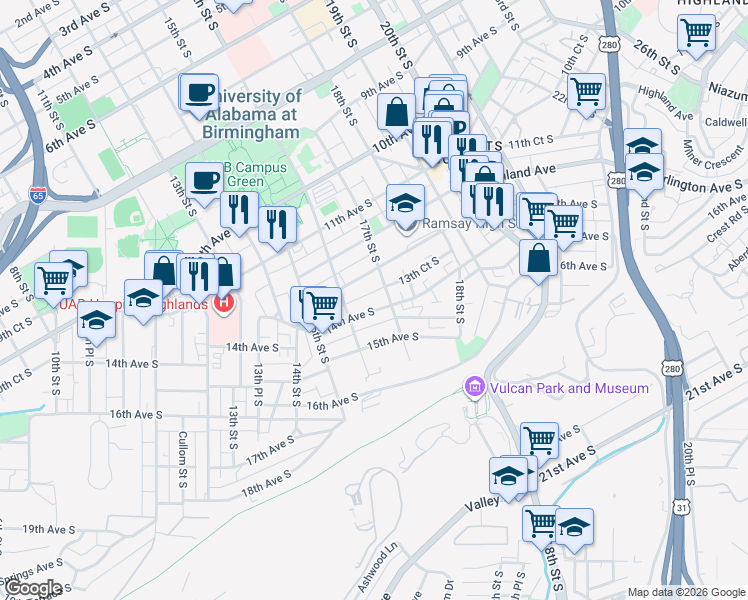 map of restaurants, bars, coffee shops, grocery stores, and more near 1608 14th Avenue South in Birmingham
