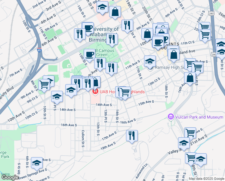 map of restaurants, bars, coffee shops, grocery stores, and more near 1143 14th Street South in Birmingham