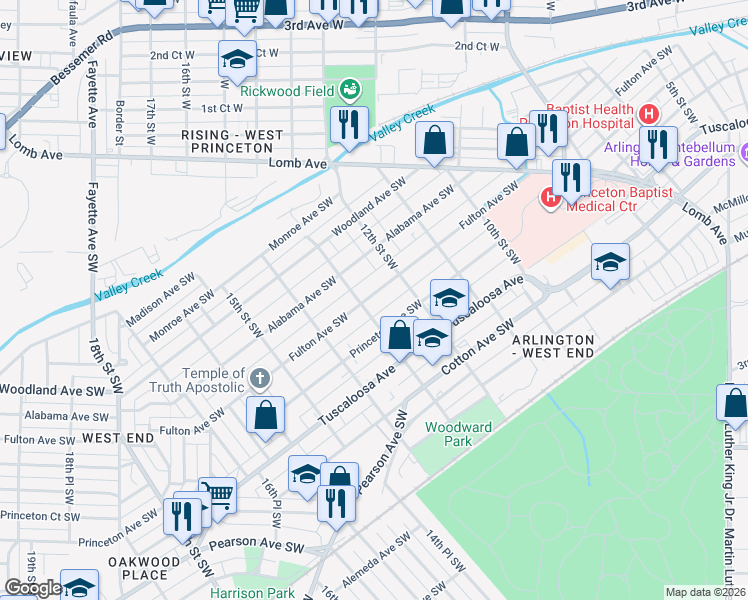 map of restaurants, bars, coffee shops, grocery stores, and more near 515 13th Street Southwest in Birmingham