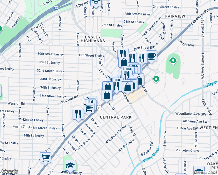 map of restaurants, bars, coffee shops, grocery stores, and more near 2116 Bessemer Road in Birmingham
