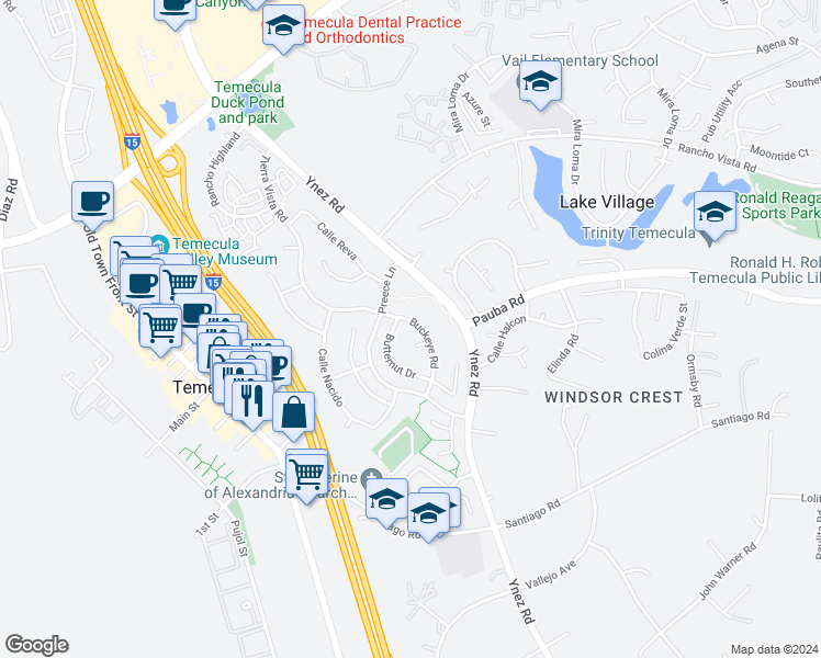 map of restaurants, bars, coffee shops, grocery stores, and more near 43655 Buckeye Road in Temecula