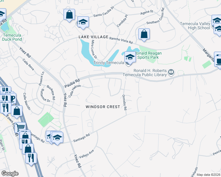 map of restaurants, bars, coffee shops, grocery stores, and more near 43144 Vista Del Rancho in Temecula
