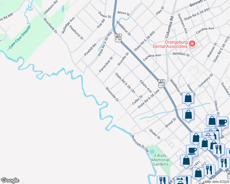 map of restaurants, bars, coffee shops, grocery stores, and more near 960 Riverside Drive in Orangeburg