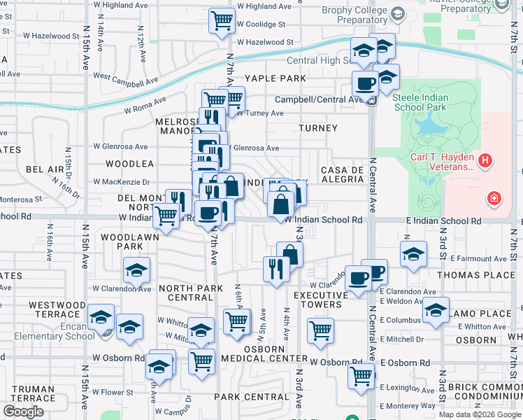 map of restaurants, bars, coffee shops, grocery stores, and more near 460 West Indian School Road in Phoenix
