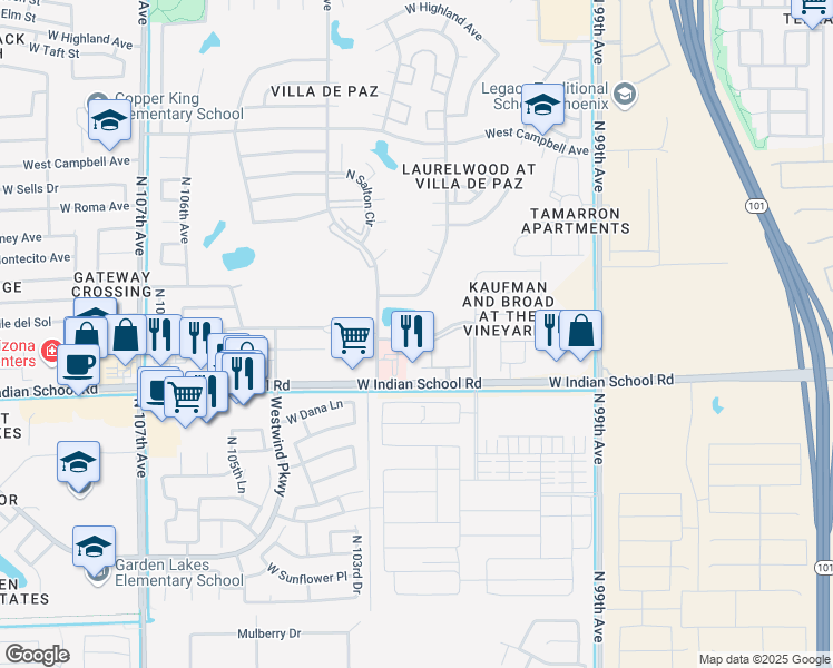 map of restaurants, bars, coffee shops, grocery stores, and more near 10208 West Monterosa Street in Phoenix