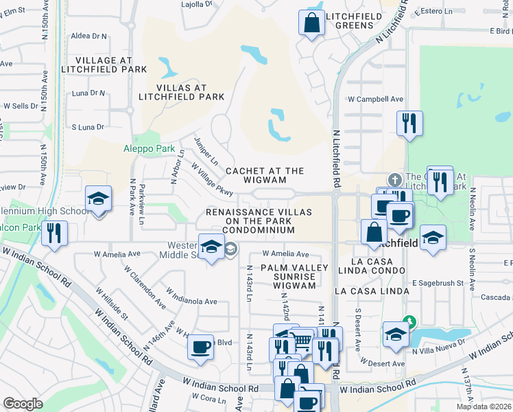 map of restaurants, bars, coffee shops, grocery stores, and more near 14250 West Wigwam Boulevard in Litchfield Park