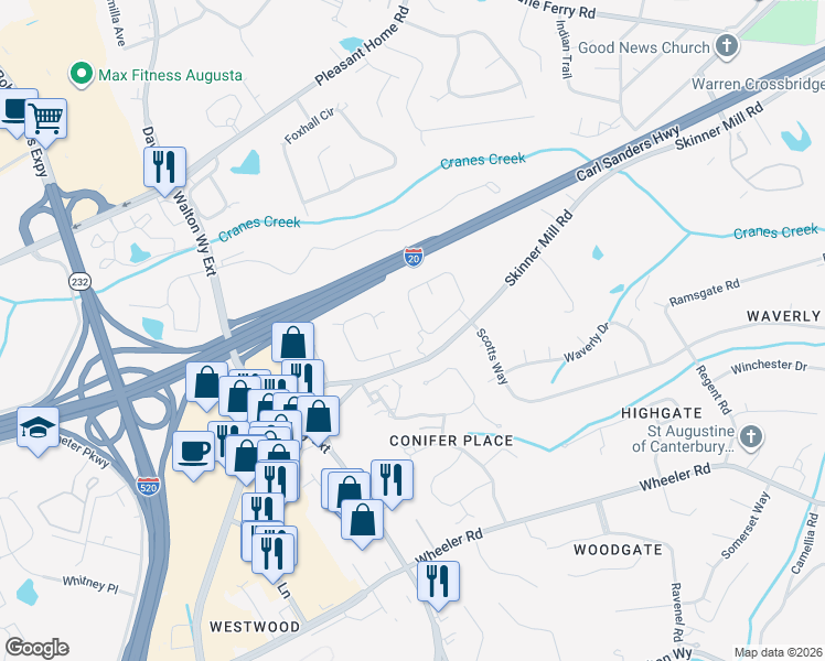 map of restaurants, bars, coffee shops, grocery stores, and more near 38 Park Place Circle in Augusta