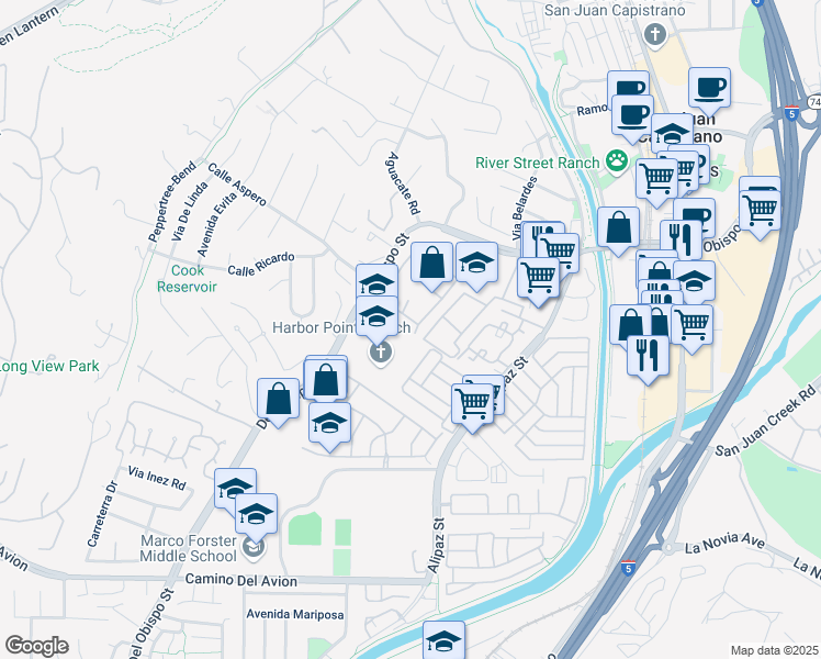 map of restaurants, bars, coffee shops, grocery stores, and more near 32191 Via De Olivia in San Juan Capistrano