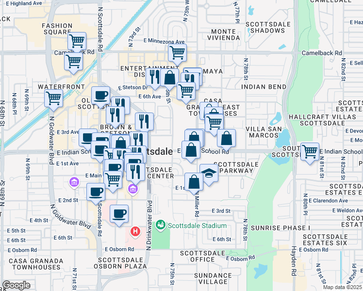 map of restaurants, bars, coffee shops, grocery stores, and more near 7522 East Indian School Road in Scottsdale