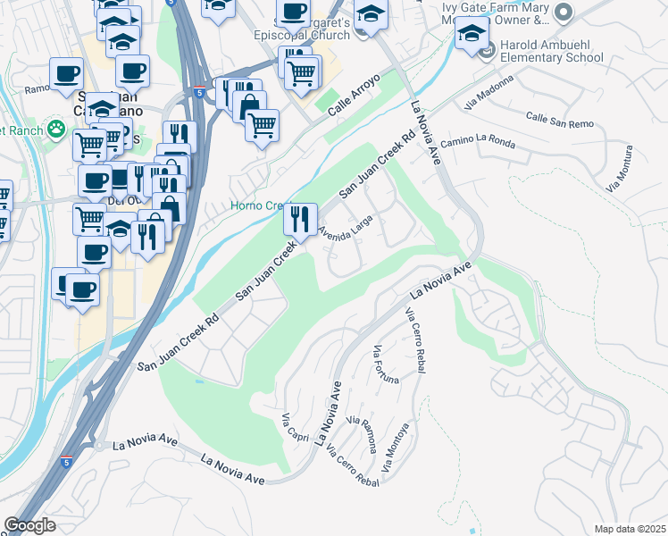 map of restaurants, bars, coffee shops, grocery stores, and more near 32158 Via Barrida in San Juan Capistrano