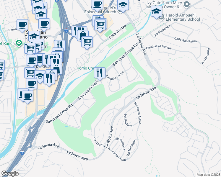 map of restaurants, bars, coffee shops, grocery stores, and more near 32158 Via Barrida in San Juan Capistrano
