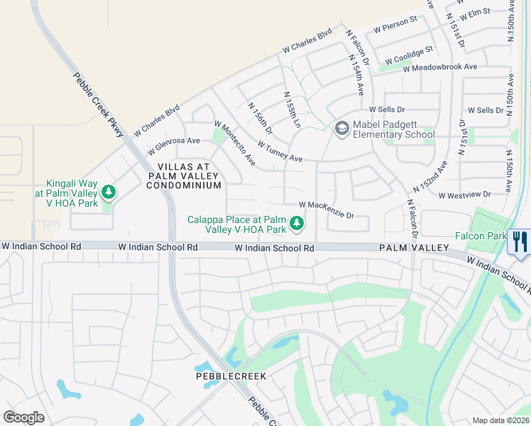 map of restaurants, bars, coffee shops, grocery stores, and more near 15623 West Devonshire Avenue in Goodyear