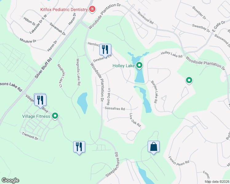 map of restaurants, bars, coffee shops, grocery stores, and more near 100 Live Oak Road in Aiken