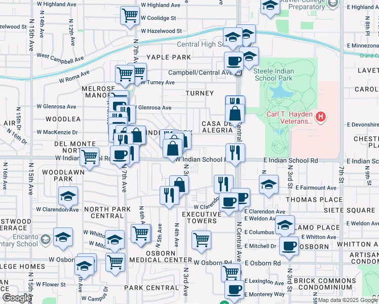 map of restaurants, bars, coffee shops, grocery stores, and more near 230 West Indian School Road in Phoenix