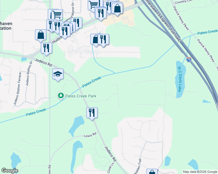 map of restaurants, bars, coffee shops, grocery stores, and more near 205 Acadian Way in Stockbridge