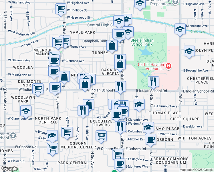 map of restaurants, bars, coffee shops, grocery stores, and more near 136-198 W Indian School Rd in Phoenix