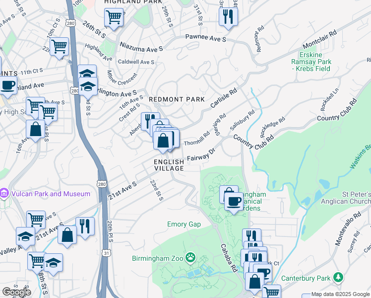 map of restaurants, bars, coffee shops, grocery stores, and more near 2829 Thornhill Road in Mountain Brook