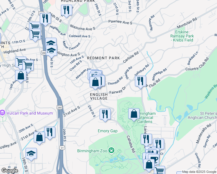 map of restaurants, bars, coffee shops, grocery stores, and more near 2829 Thornhill Road in Birmingham