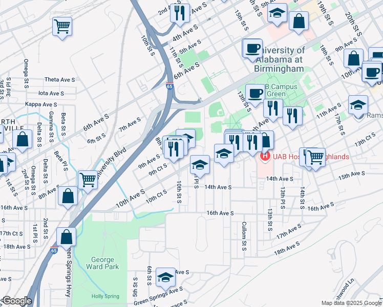map of restaurants, bars, coffee shops, grocery stores, and more near 1000 10th Avenue South in Birmingham