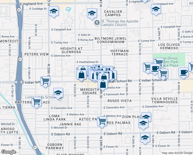 map of restaurants, bars, coffee shops, grocery stores, and more near 4102 North 24th Street in Phoenix