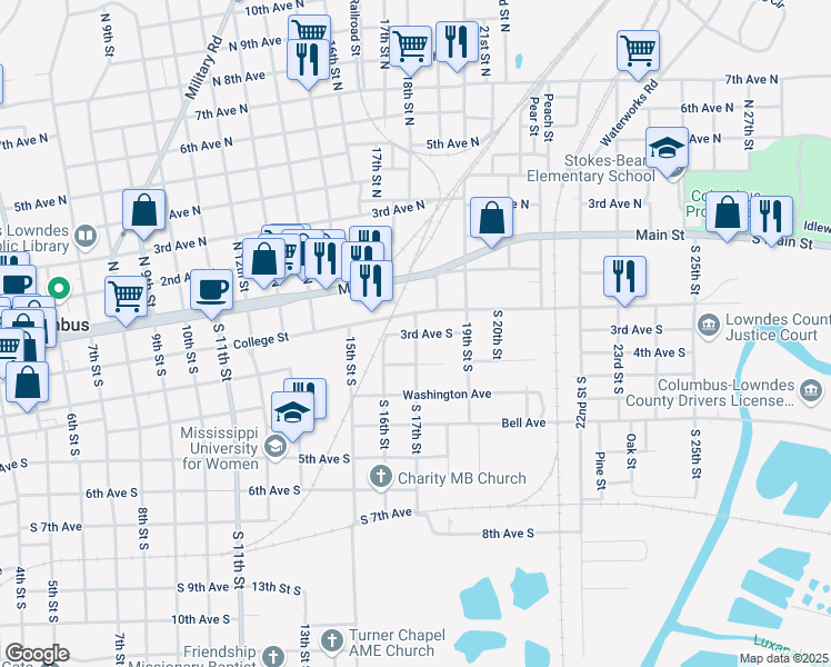 map of restaurants, bars, coffee shops, grocery stores, and more near 301 South 17th Street in Columbus