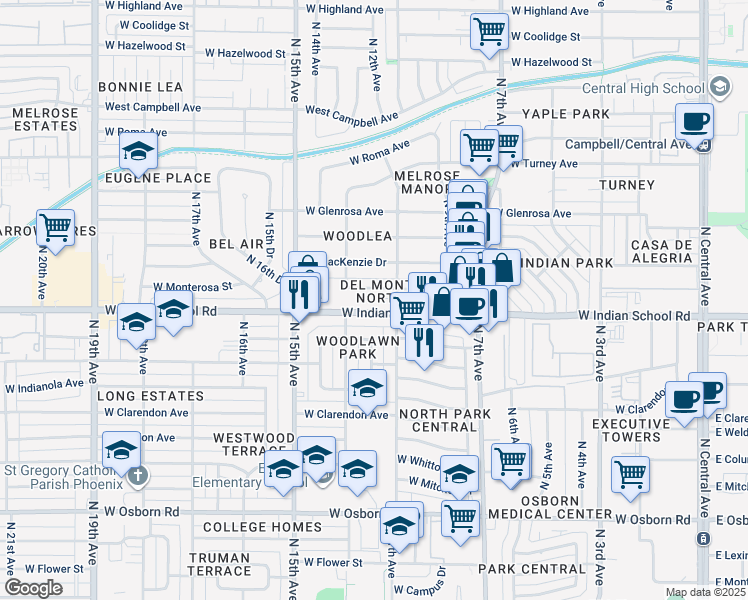 map of restaurants, bars, coffee shops, grocery stores, and more near 1116 West Indian School Road in Phoenix