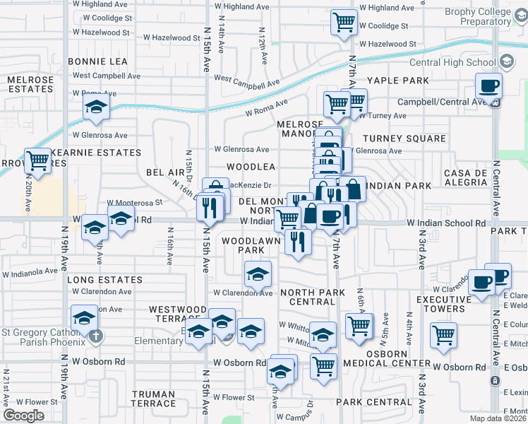 map of restaurants, bars, coffee shops, grocery stores, and more near 1116 West Indian School Road in Phoenix