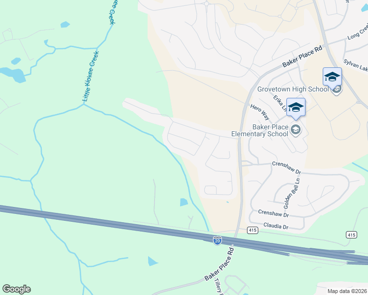 map of restaurants, bars, coffee shops, grocery stores, and more near 1540 Driftwood Lane in Grovetown
