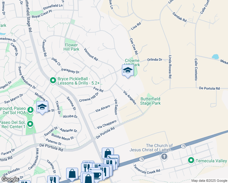 map of restaurants, bars, coffee shops, grocery stores, and more near 43210 Vía Sabino in Temecula