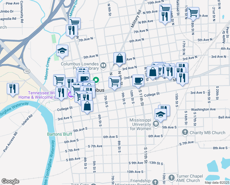 map of restaurants, bars, coffee shops, grocery stores, and more near 817 College Street in Columbus