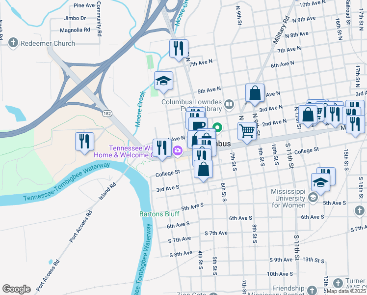 map of restaurants, bars, coffee shops, grocery stores, and more near 109 4th Street South in Columbus