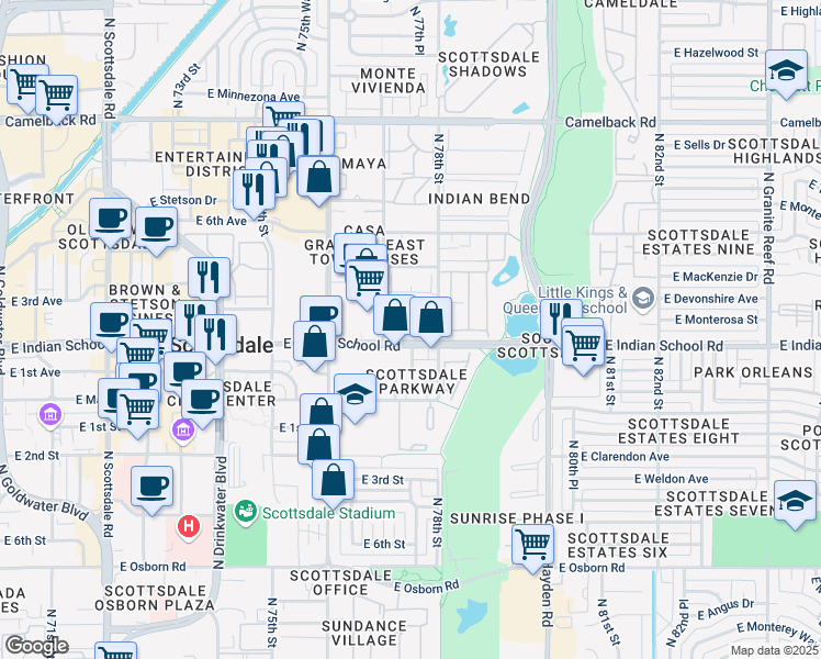 map of restaurants, bars, coffee shops, grocery stores, and more near 7700 East Indian School Road in Scottsdale