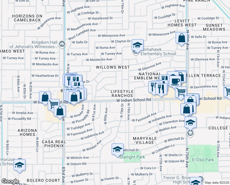 map of restaurants, bars, coffee shops, grocery stores, and more near 7934 West Monterosa Street in Phoenix