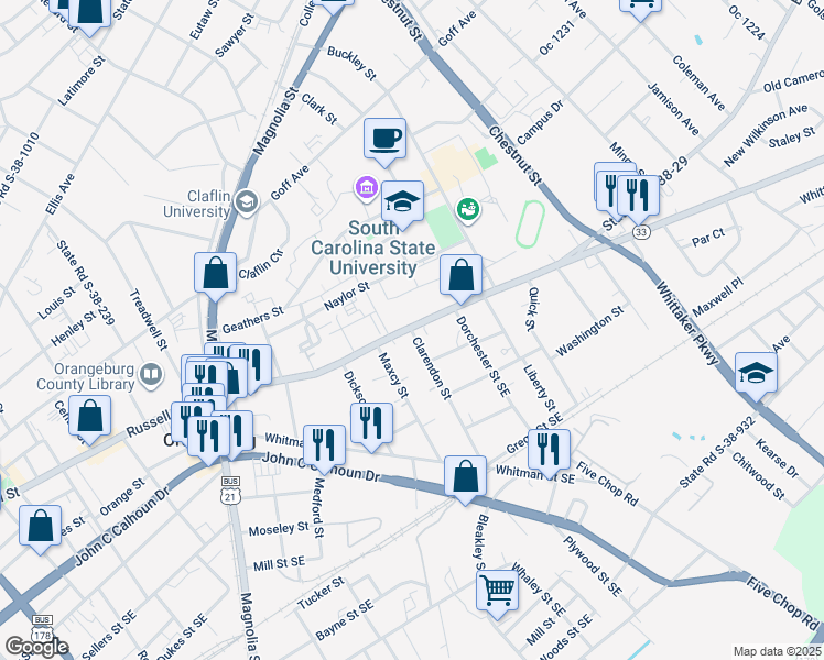 map of restaurants, bars, coffee shops, grocery stores, and more near 2142 Russell Street in Orangeburg
