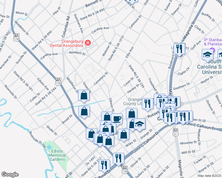 map of restaurants, bars, coffee shops, grocery stores, and more near 491 Scott Street in Orangeburg