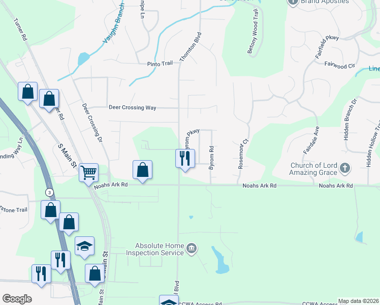 map of restaurants, bars, coffee shops, grocery stores, and more near 1781 Byrom Parkway in Jonesboro