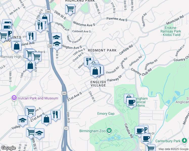 map of restaurants, bars, coffee shops, grocery stores, and more near 2328 20th Avenue South in Birmingham