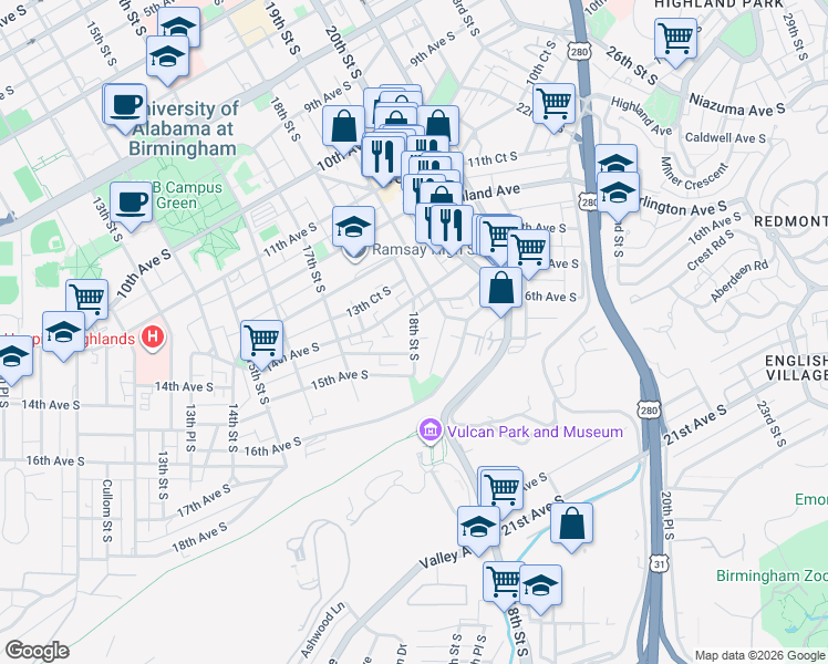 map of restaurants, bars, coffee shops, grocery stores, and more near 1420 18th Street South in Birmingham