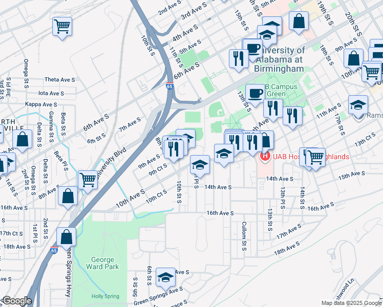 map of restaurants, bars, coffee shops, grocery stores, and more near 1000 10th Avenue South in Birmingham