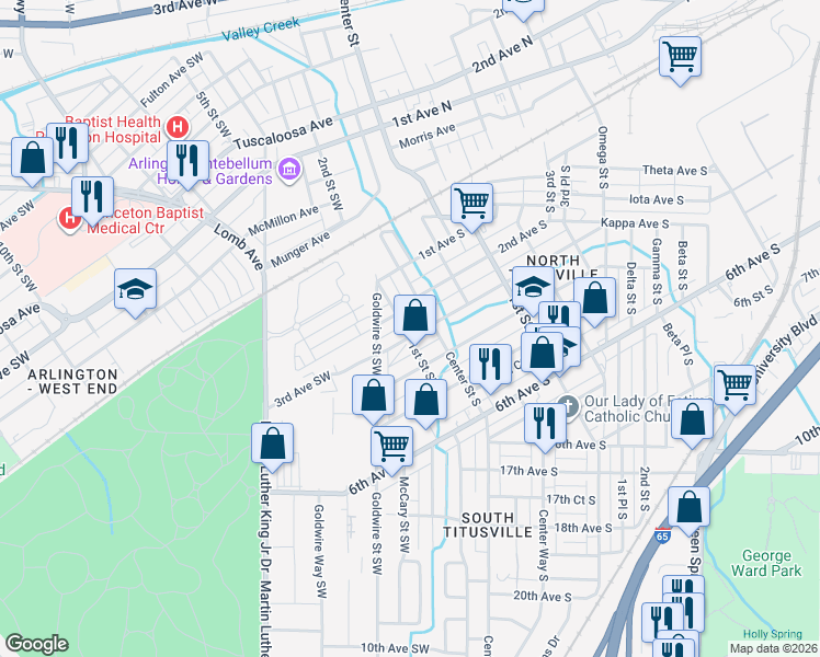 map of restaurants, bars, coffee shops, grocery stores, and more near 17 3rd Avenue Southwest in Birmingham