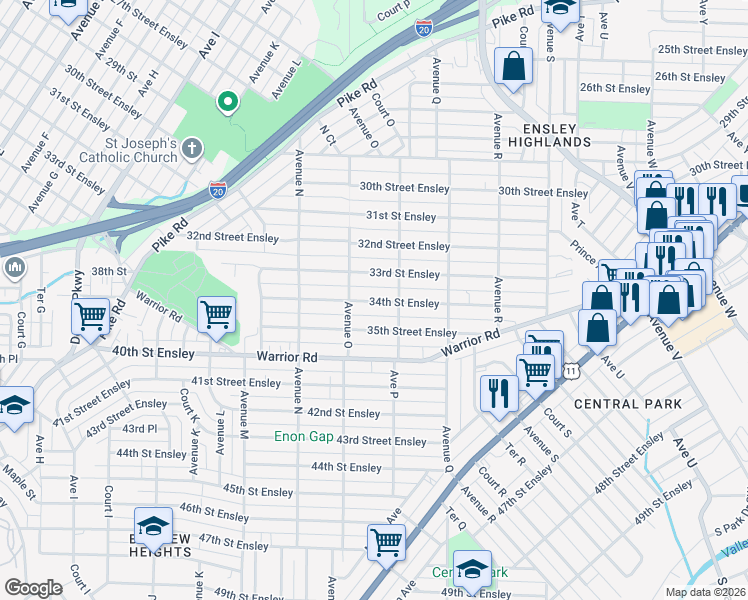 map of restaurants, bars, coffee shops, grocery stores, and more near 1525 34th Street Ensley in Birmingham