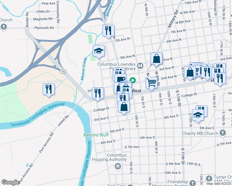 map of restaurants, bars, coffee shops, grocery stores, and more near 109 4th Street South in Columbus