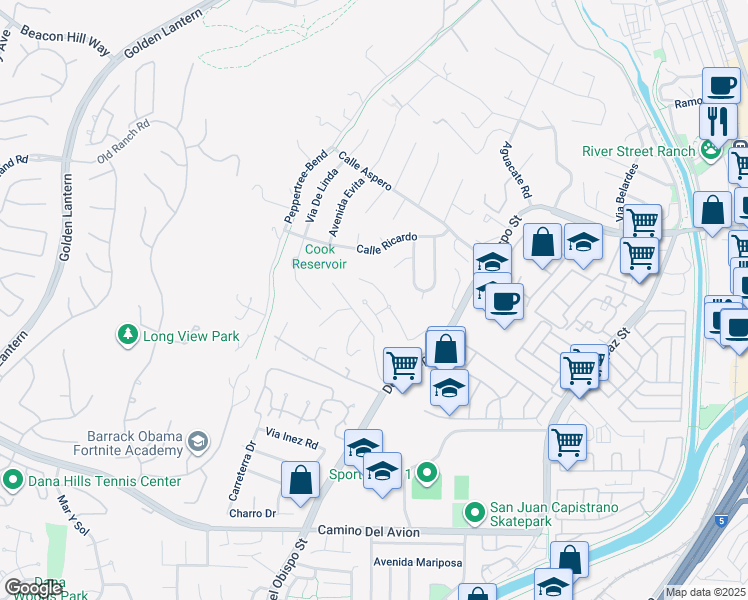 map of restaurants, bars, coffee shops, grocery stores, and more near 32282 Paseo Candela in San Juan Capistrano