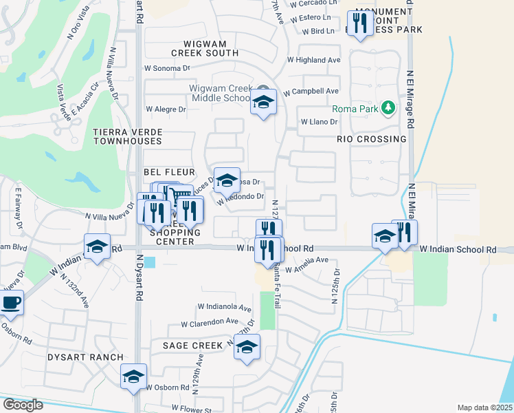 map of restaurants, bars, coffee shops, grocery stores, and more near 12724 West Honeysuckle Street in Litchfield Park