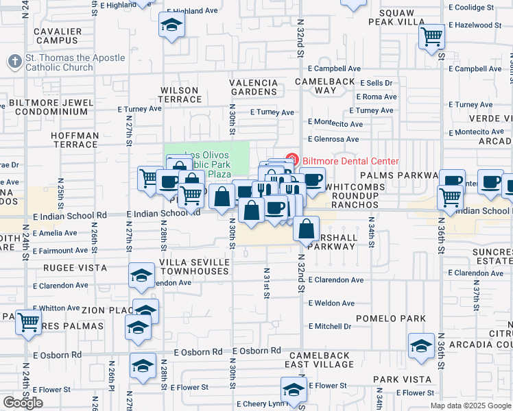 map of restaurants, bars, coffee shops, grocery stores, and more near 3102 East Indian School Road in Phoenix