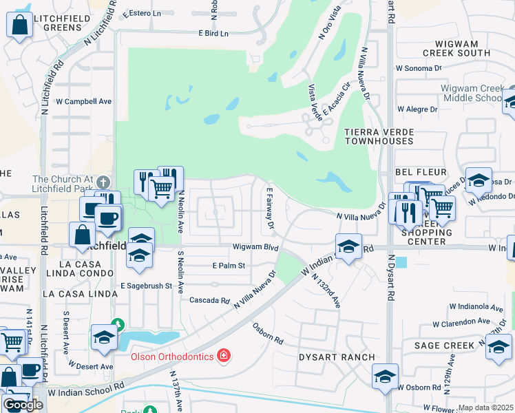 map of restaurants, bars, coffee shops, grocery stores, and more near 655 East Fairway Drive in Litchfield Park